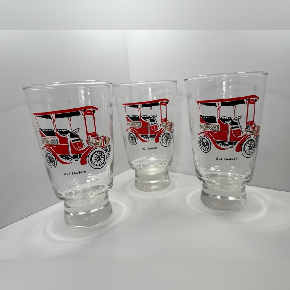 Lot of 3 glasses with image of a vintage 
1904 Rambler vehicle